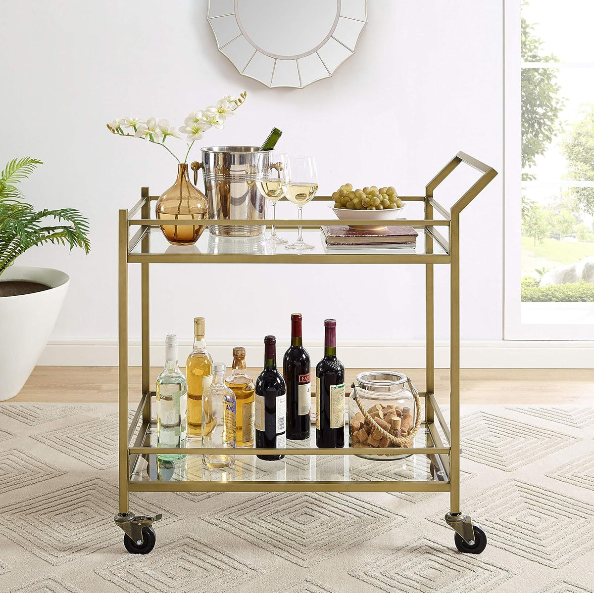 Gold and Glass Rolling Bar Cart S536964