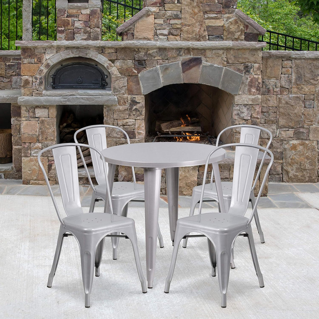 Commercial Grade 30 Round White Metal Indoor-Outdoor Table Set with 4 Cafe Chairs C3340