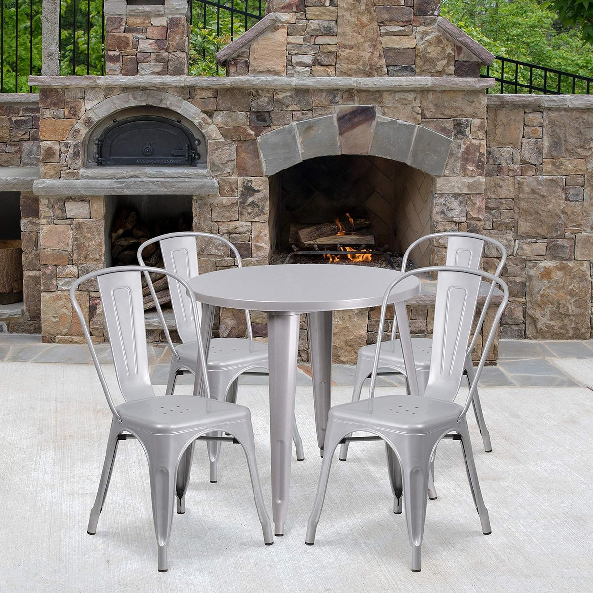 Commercial Grade 30 Round White Metal Indoor-Outdoor Table Set with 4 Cafe Chairs C3340