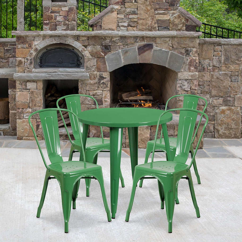 Commercial Grade 30 Round White Metal Indoor-Outdoor Table Set with 4 Cafe Chairs C3340