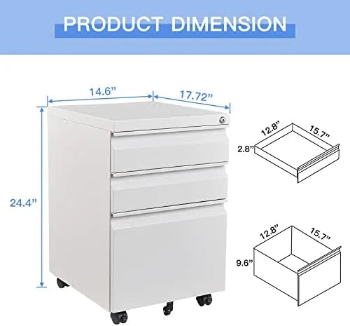 Black 3-Drawer Mobile File Cabinet with Lock V206