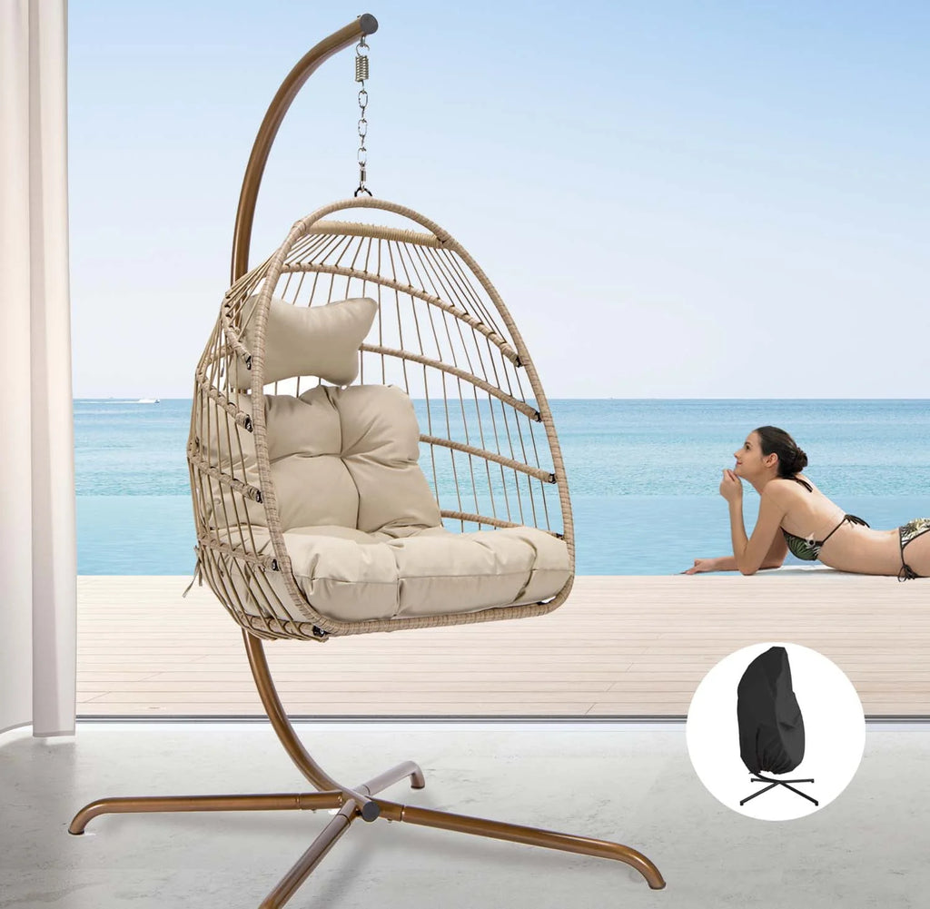 Rattan Swing Egg Chair with Stand Grey 350 lbs B571748