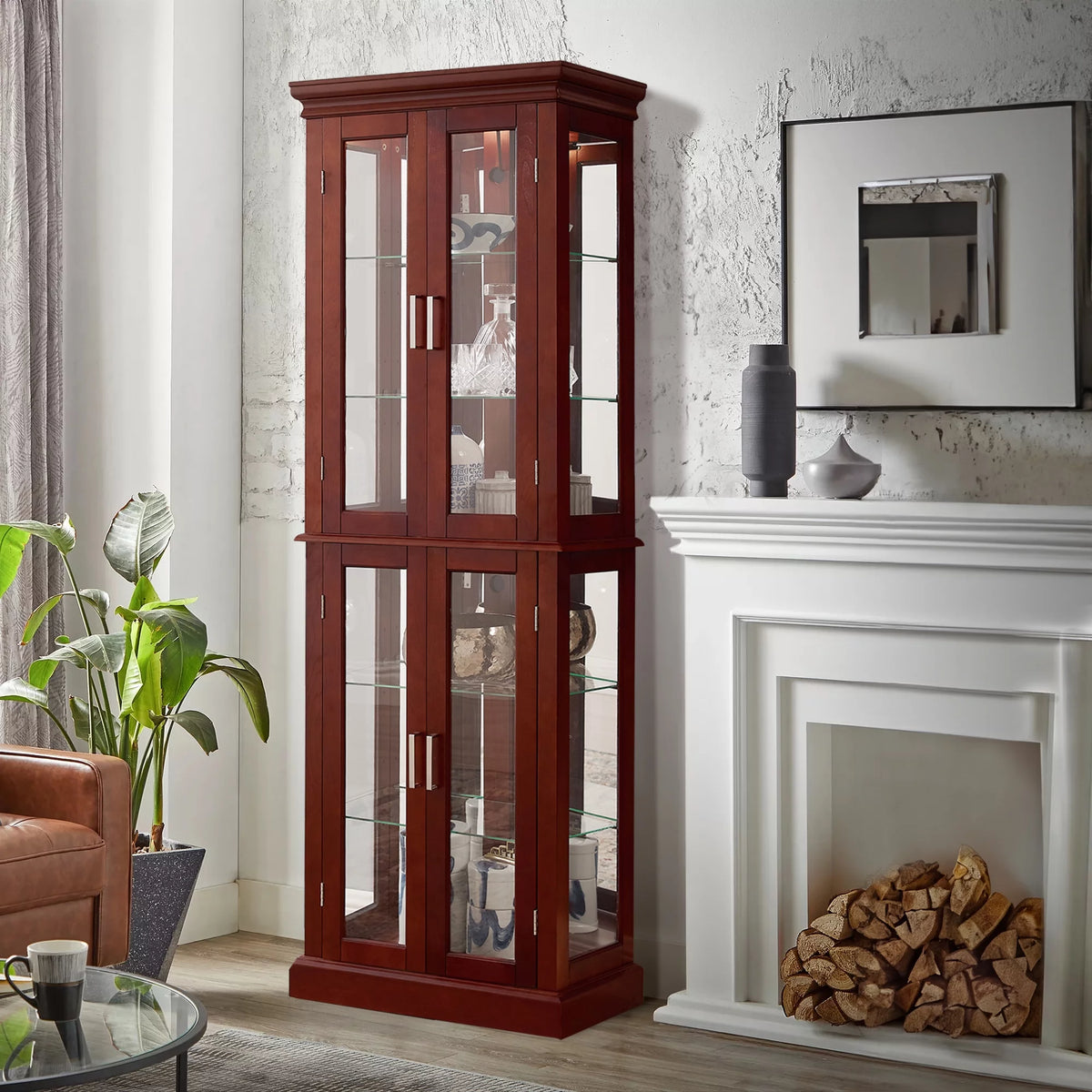 6-Tier Lighted Curio Display Cabinet with Adjustable Shelves and Tempered Glass Doors W535