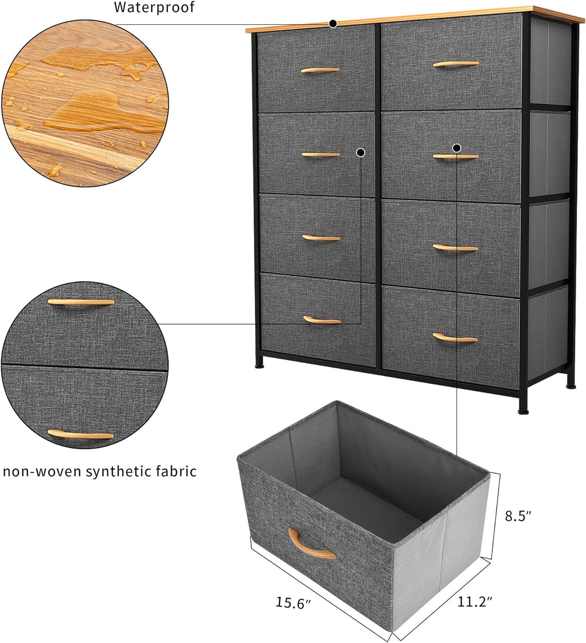 Fabric Dresser with 8 Drawers Steel Frame Wooden Top Dark Gray V28134