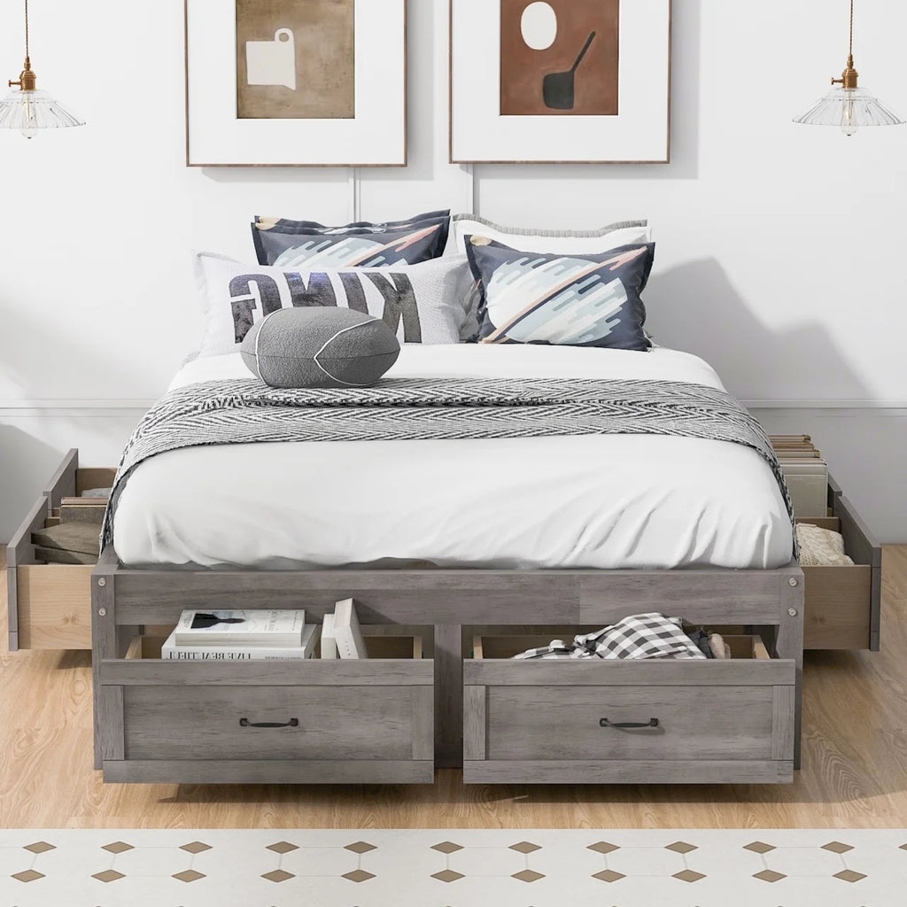 Full Size 6 Drawer Wood Platform Bed Antique Gray O516