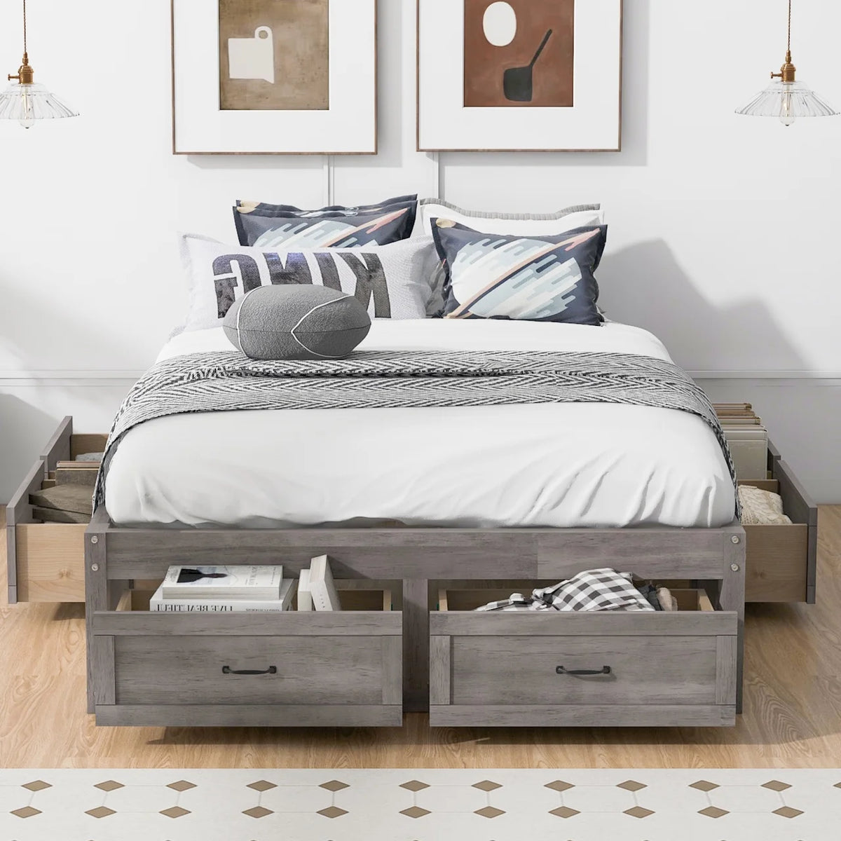 Full Size 6 Drawer Wood Platform Bed Antique Gray O516
