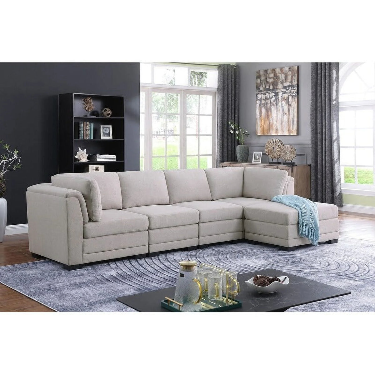 Light Gray Linen Reversible Sectional Sofa with Ottoman S8609