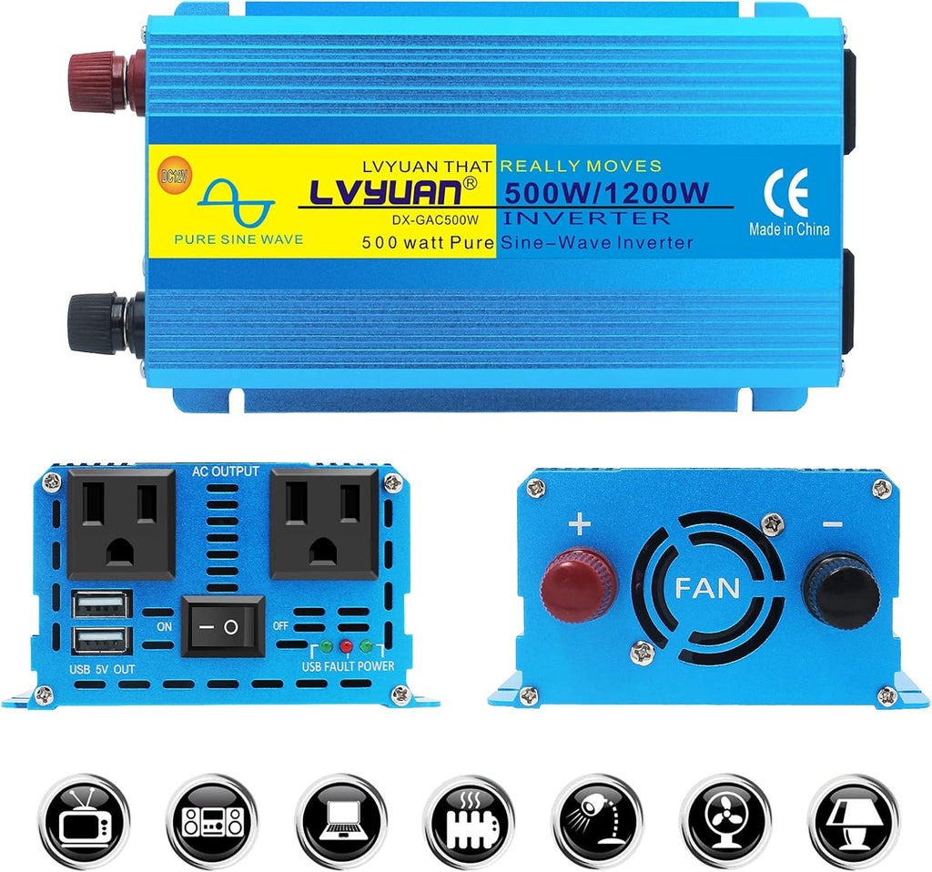 2500W Pure Sine Wave Power Inverter 12V to 110V AC with 4 Outlets 1 USB Port D25286