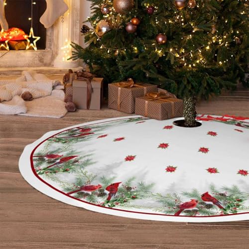 Christmas Tree Skirt 36 Inches Red Poinsettia Floral Holly Leaves White V8025