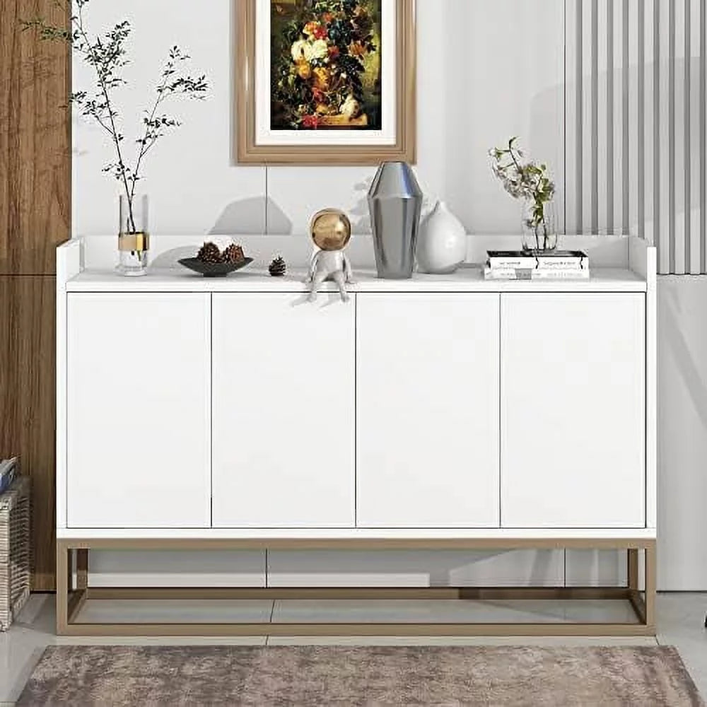 Modern Sideboard Buffet Cabinet with 4 Doors Adjustable Shelves Metal Legs White M589665