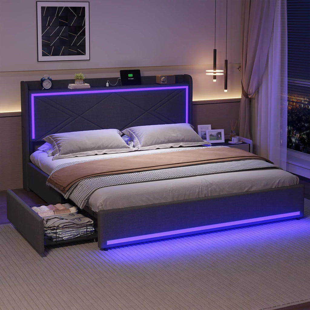 Dark Gray Queen Size Upholstered Platform Bed with Storage Drawers Q702