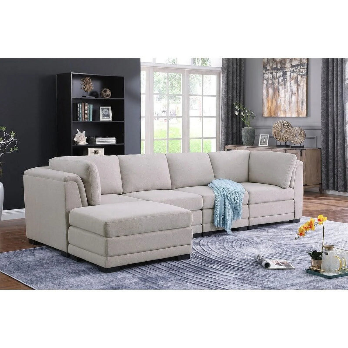 Light Gray Linen Reversible Sectional Sofa with Ottoman S8609