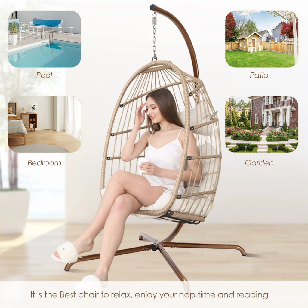 Rattan Swing Egg Chair with Stand Grey 350 lbs B571748