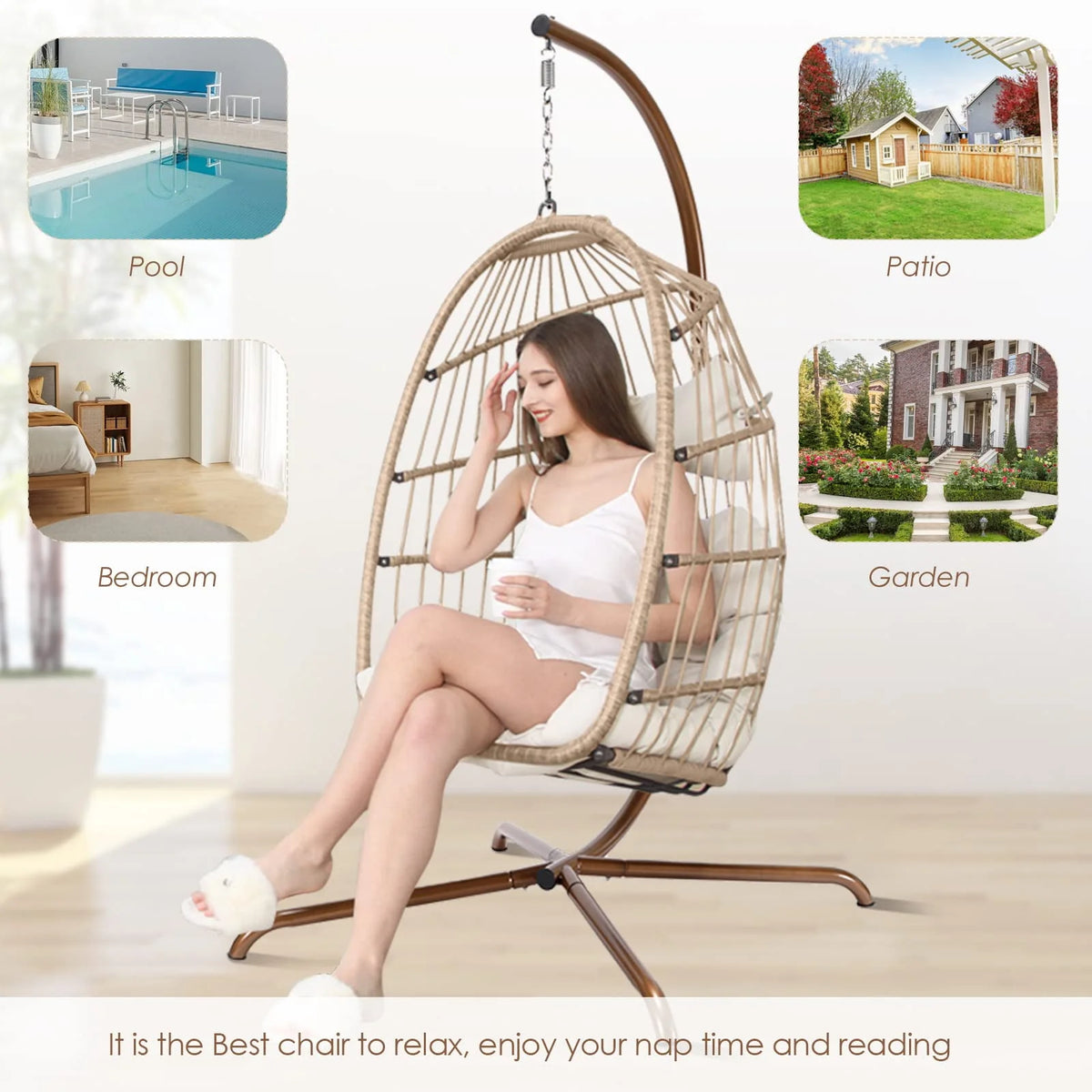 Rattan Swing Egg Chair with Stand Grey 350 lbs B571748