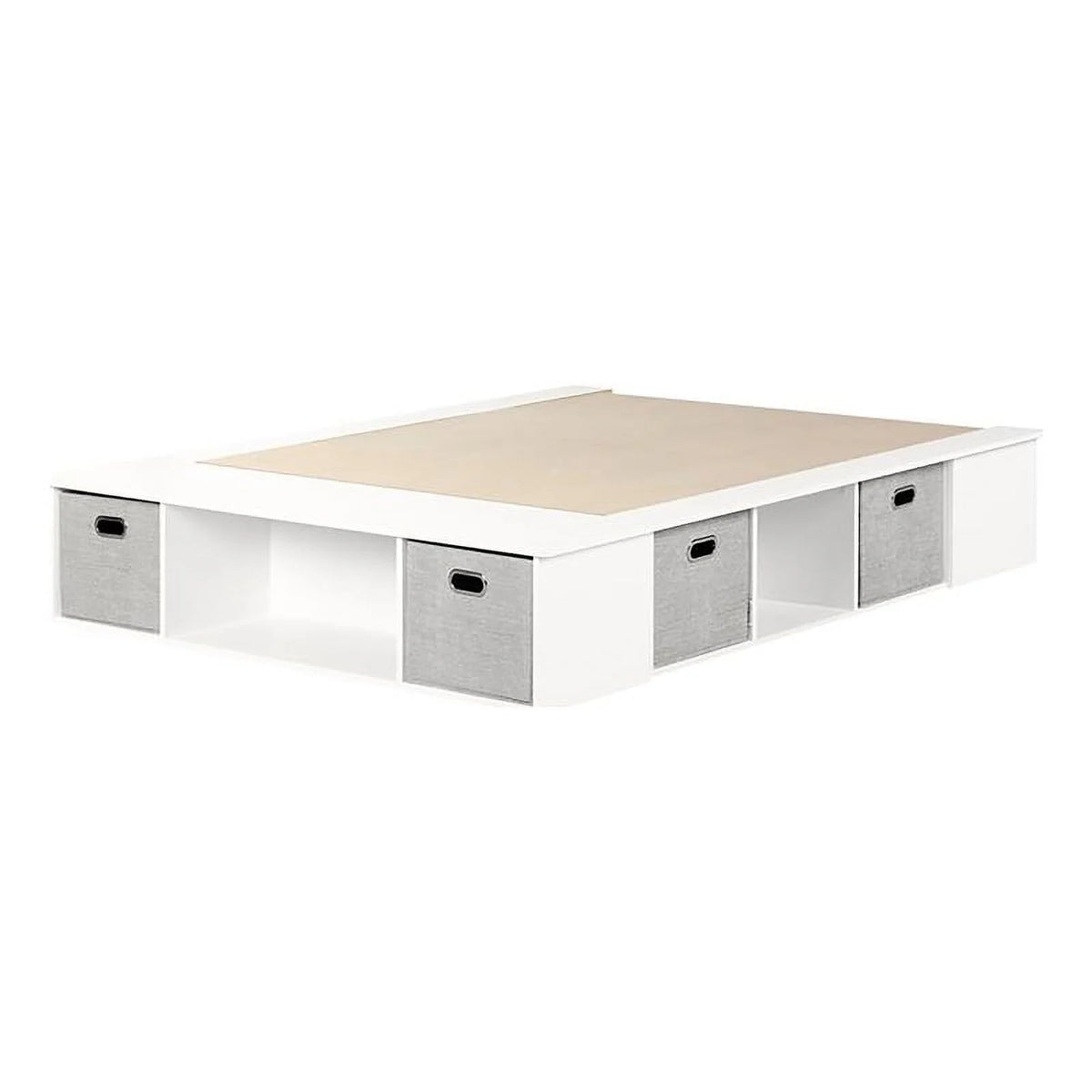 White Wood Queen Bed with Storage and Baskets N30324