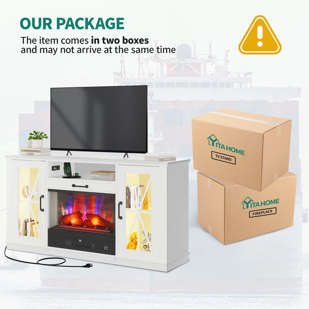 60 Inch White Entertainment Console with Slidable Fireplace and Storage Compartments A5765