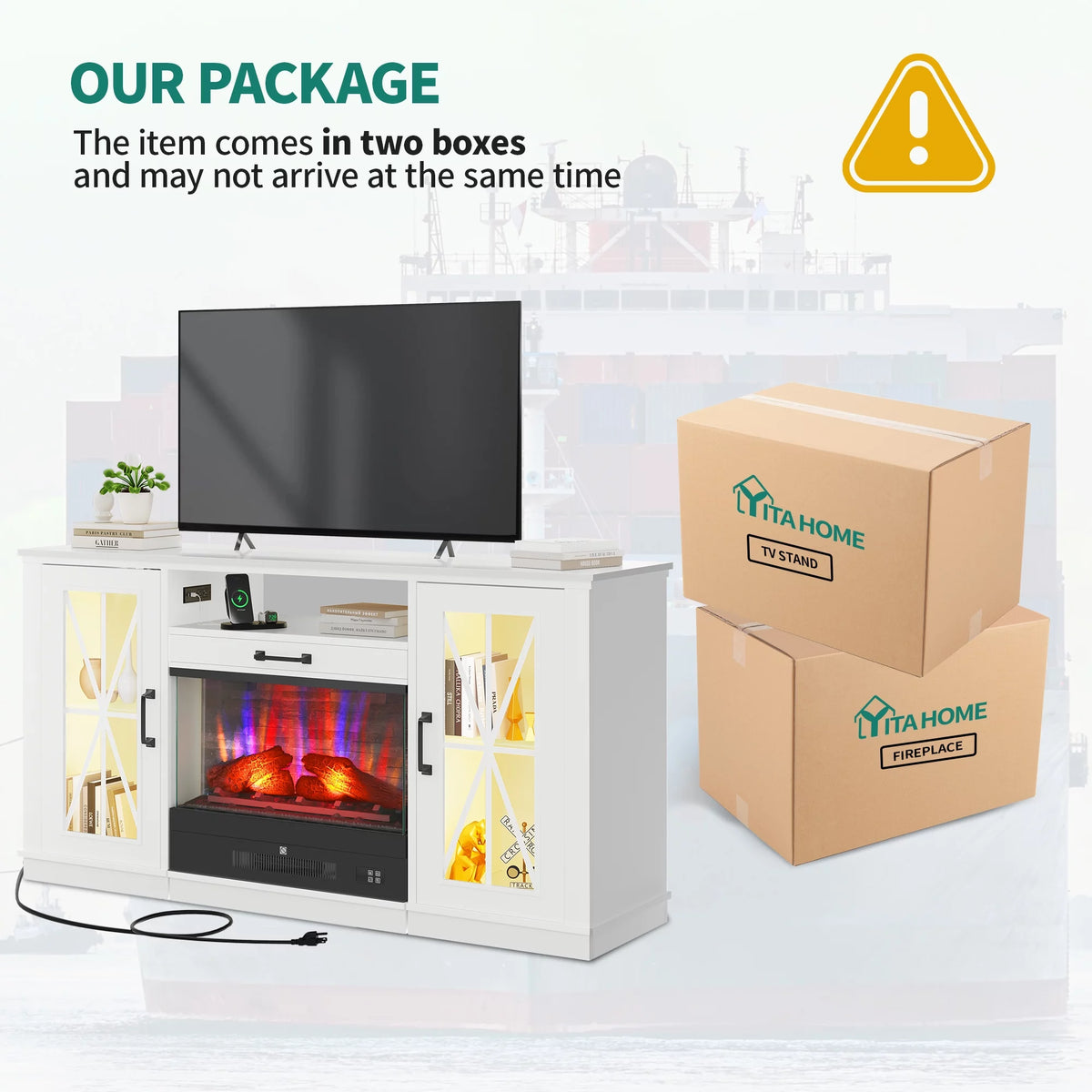 60 Inch White Entertainment Console with Slidable Fireplace and Storage Compartments A5765