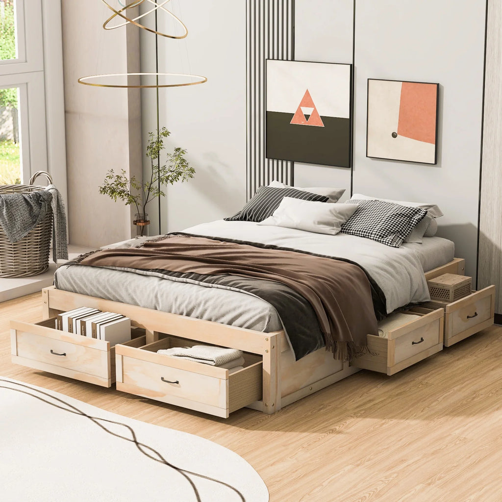 Full Size 6 Drawer Wood Platform Bed Antique Gray O516