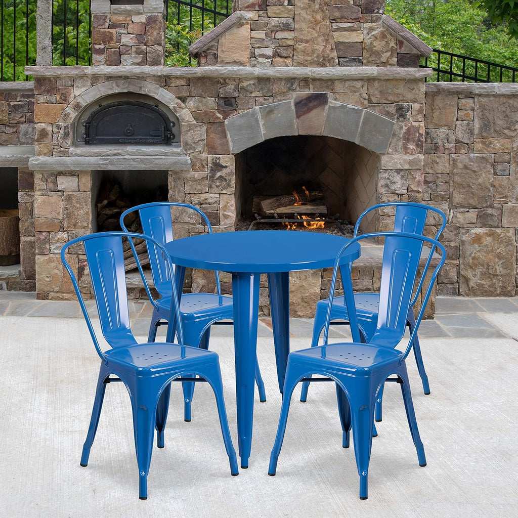 Commercial Grade 30 Round White Metal Indoor-Outdoor Table Set with 4 Cafe Chairs C3340