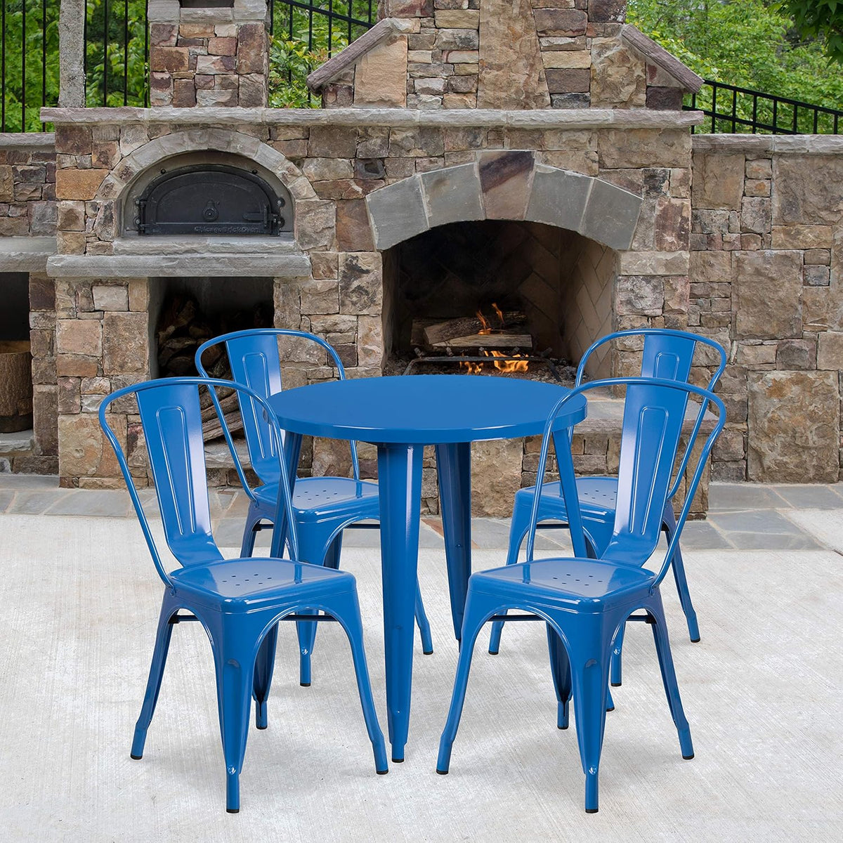 Commercial Grade 30 Round White Metal Indoor-Outdoor Table Set with 4 Cafe Chairs C3340