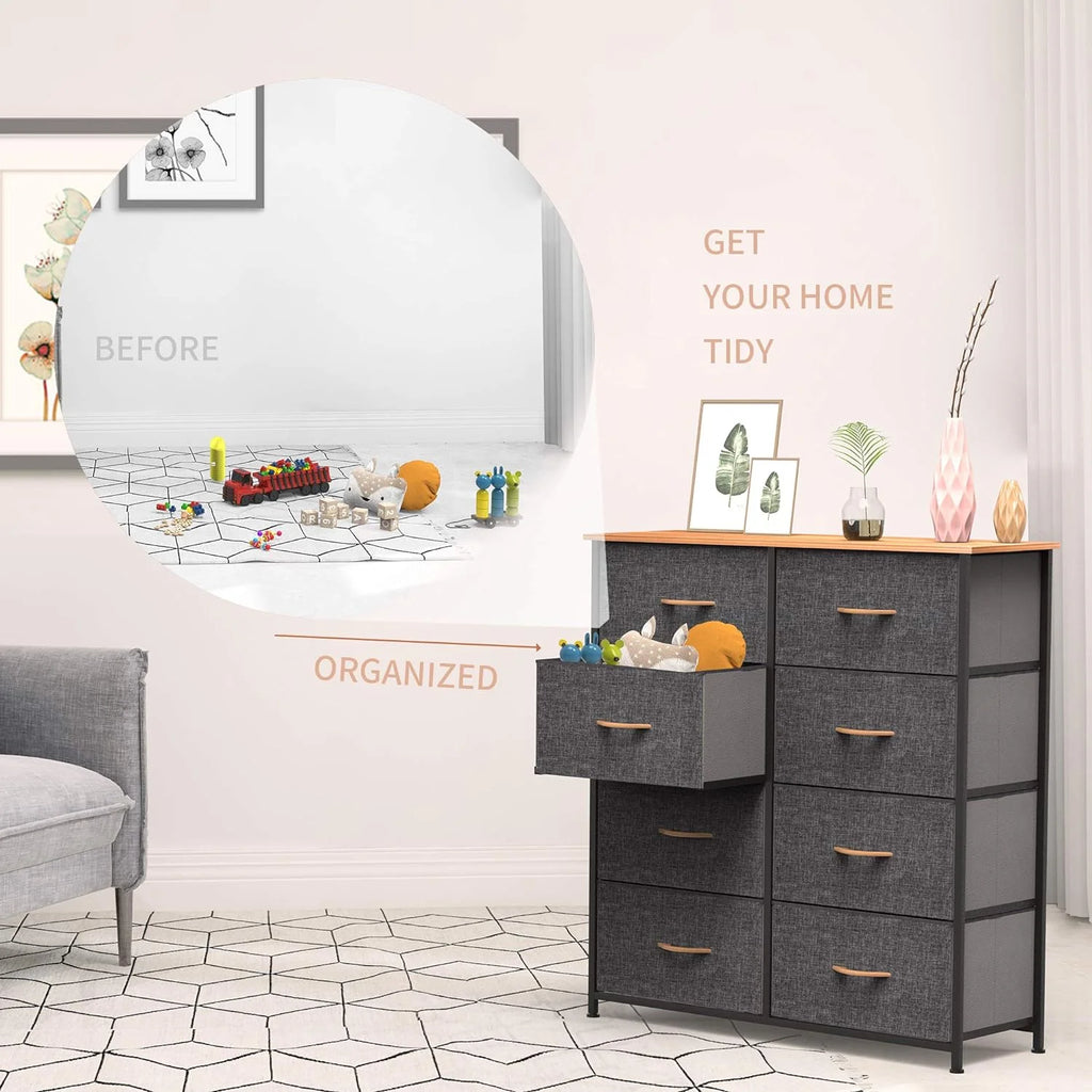 Fabric Dresser with 8 Drawers Steel Frame Wooden Top Dark Gray V28134