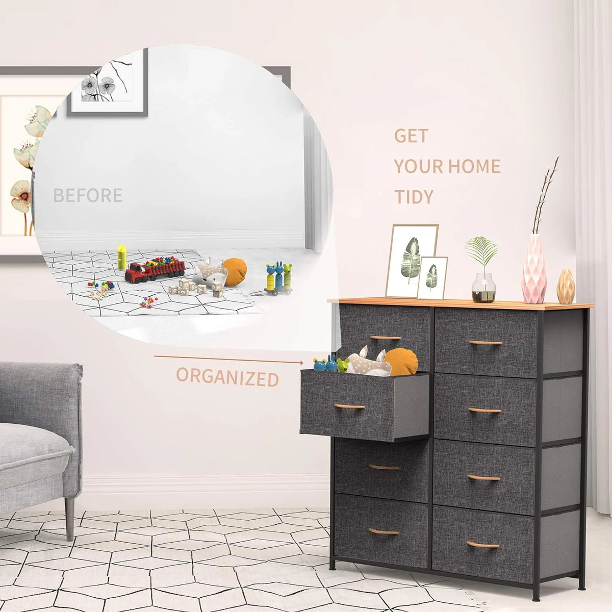 Fabric Dresser with 8 Drawers Steel Frame Wooden Top Dark Gray V28134