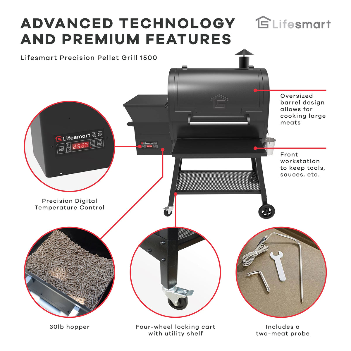 1500 Square Inch Pellet Grill and Smoker with 3 Cooking Racks C225325