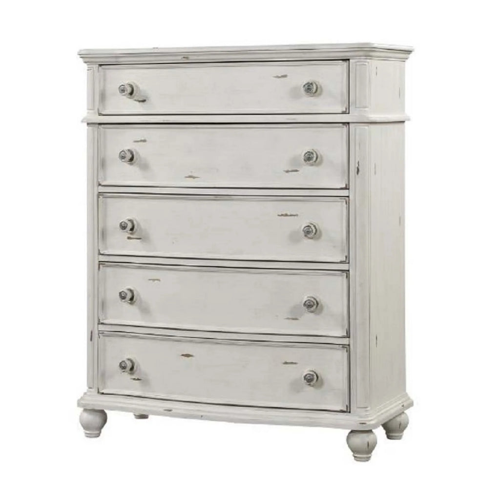 Antique White 5-Drawers Wood Dresser Chest with Turned Legs W586