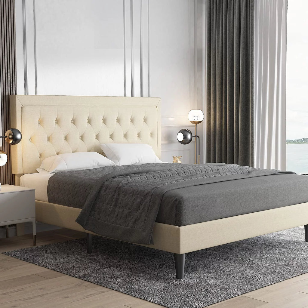 Queen Size Beige Upholstered Platform Bed Frame Q9174