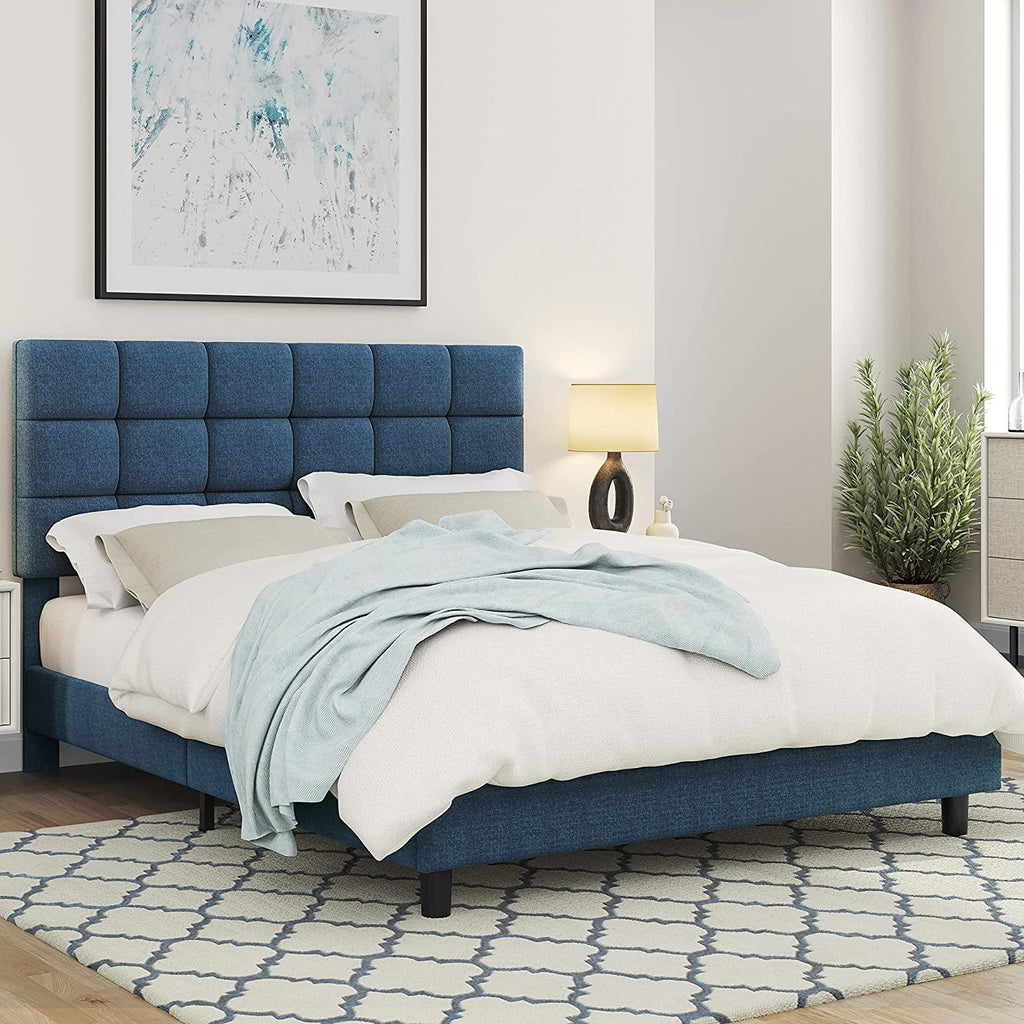Navy Blue Full Size Upholstered Platform Bed with Tufted Headboard S9527