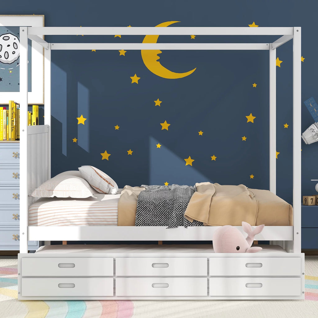 Queen Size Canopy Platform Bed with Trundle and Storage Drawers V73383