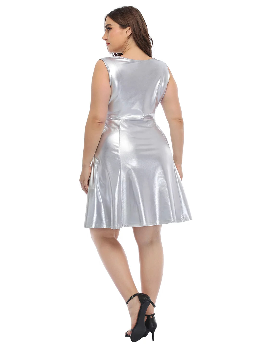 Shiny Metallic Sleeveless Skater Dress J4630