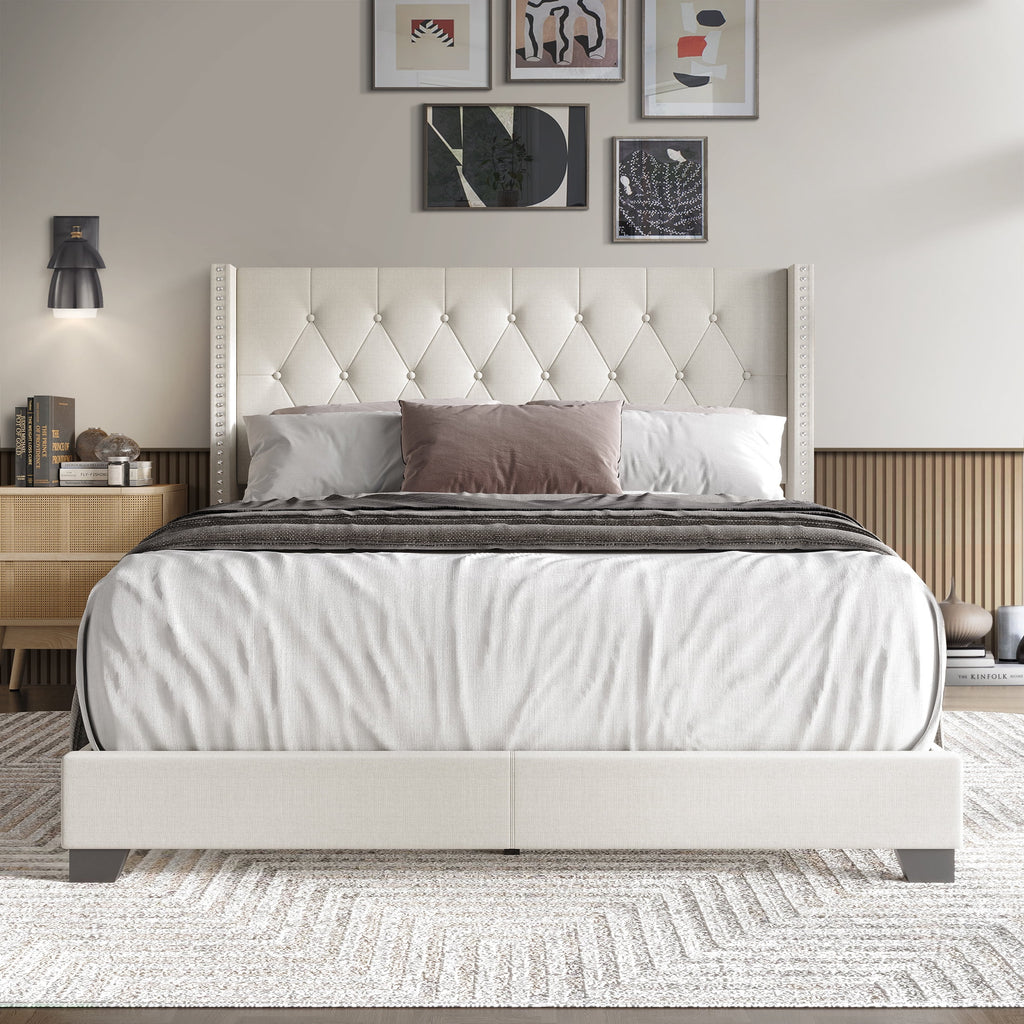 Blue Linen Upholstered Wingback Bed B371663