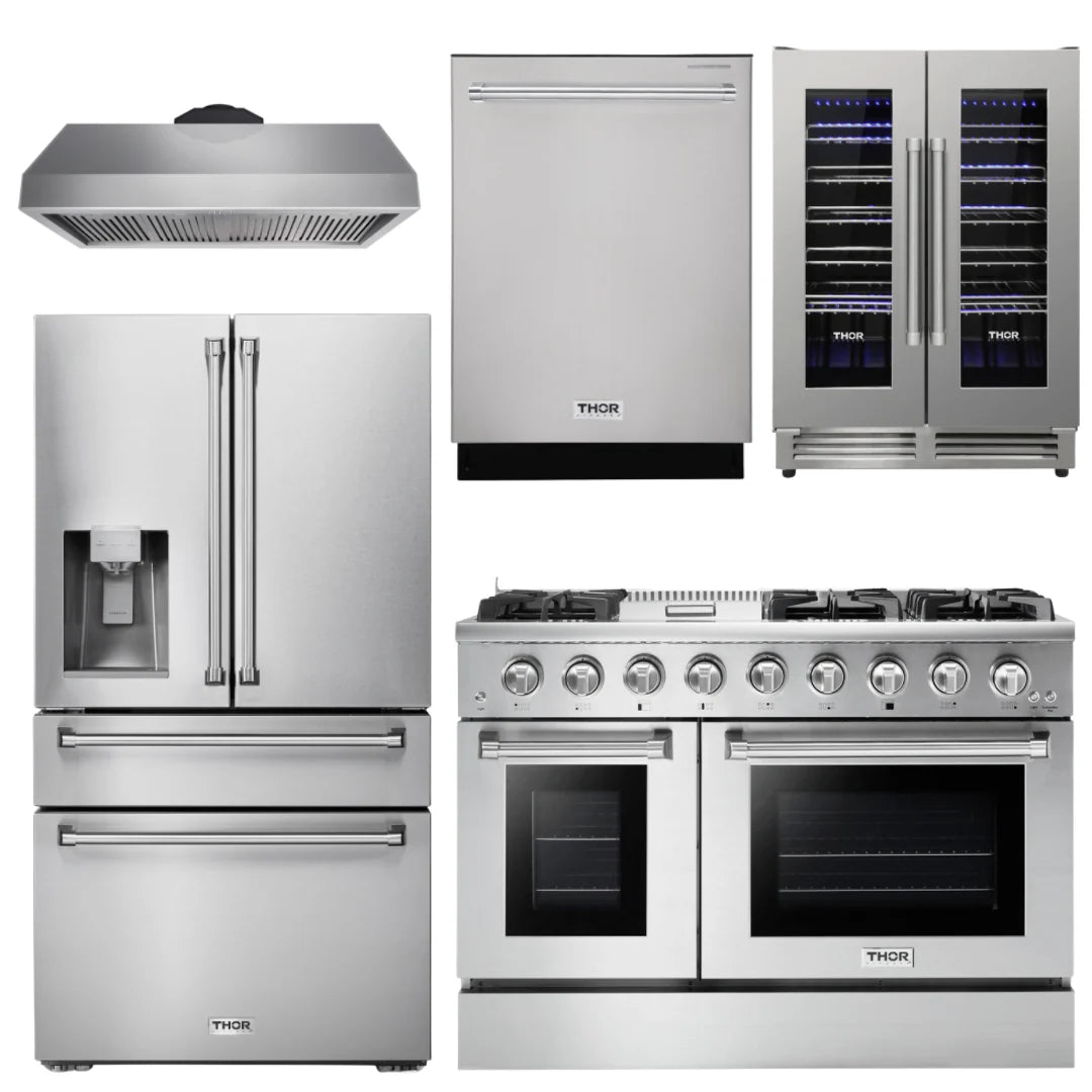 48 Propane Gas Range, Range Hood, Refrigerator with Water and Ice Dispenser, Dishwasher, Wine Cooler A9389