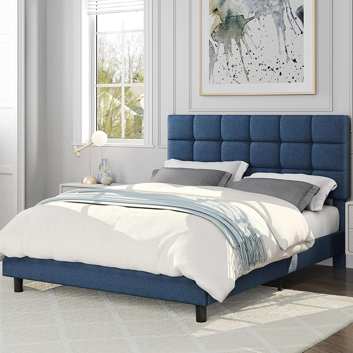 Navy Blue Full Size Upholstered Platform Bed with Tufted Headboard S9527