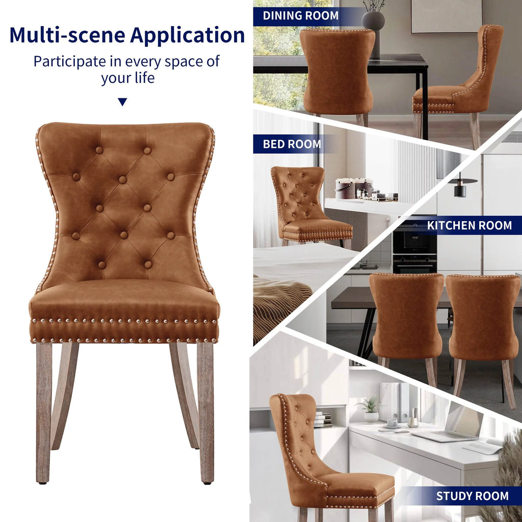 Brown PU Leather Dining Chairs with Wood Legs Set of 2 A911862