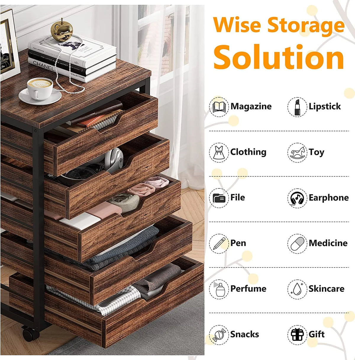 5 Drawer Wood Storage Dresser Cabinet with Wheels V9362
