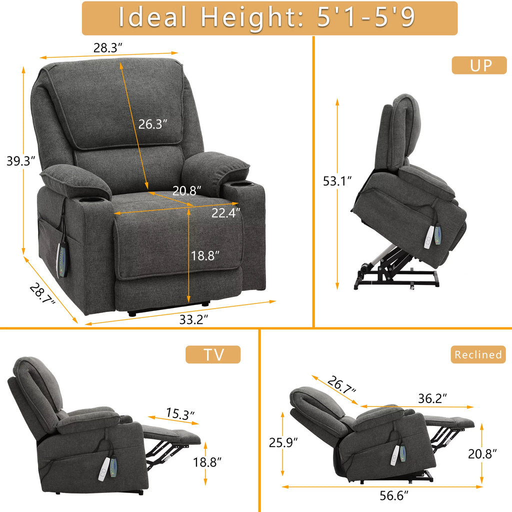 Dark Gray Linen Power Lift Recliner with Cup Holder P773