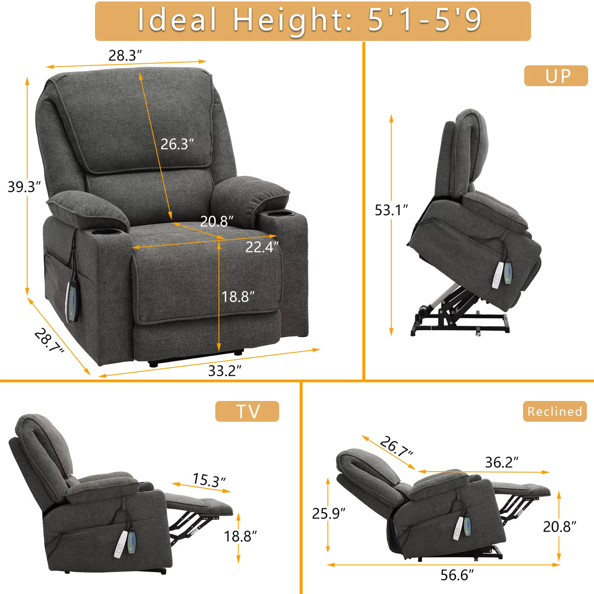Dark Gray Linen Power Lift Recliner with Cup Holder P773