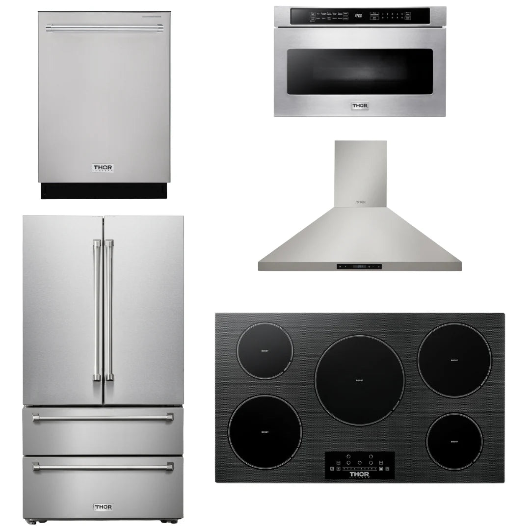 36 Induction Cooktop, Range Hood, Microwave, Refrigerator, Dishwasher A327