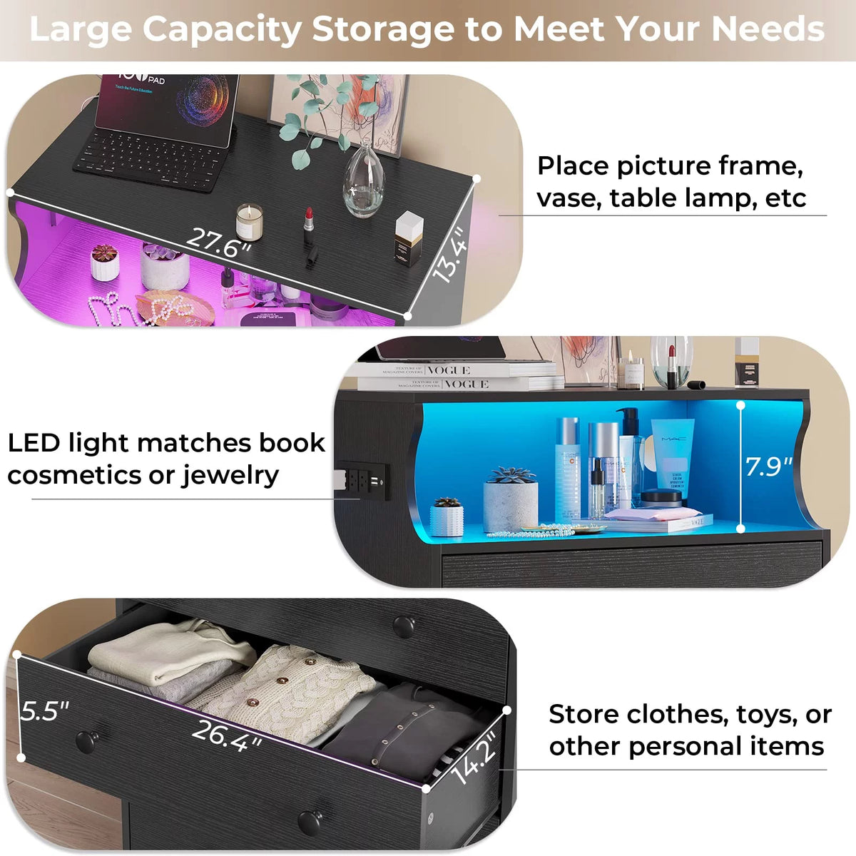 Black 4 Drawer Dresser with Charging Station H663