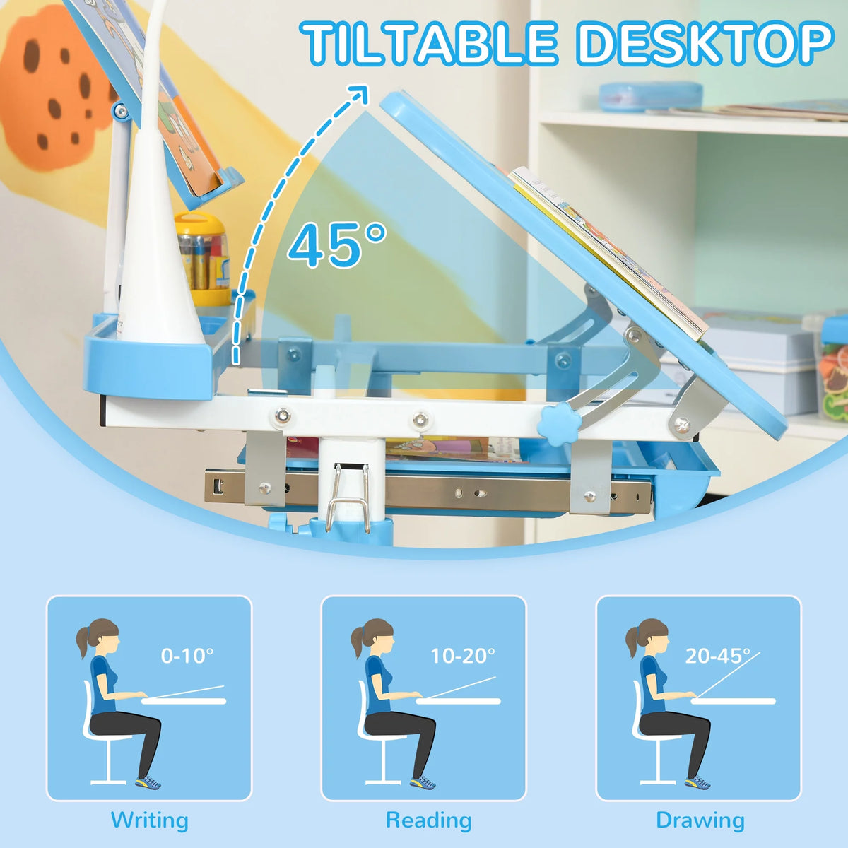 Kids Table and Chair Set with USB Lamp and Storage Drawer, Blue and White H64595