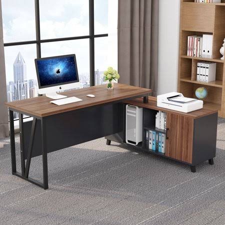 55 Inches L-Shaped Desk with File Cabinet Storage O767