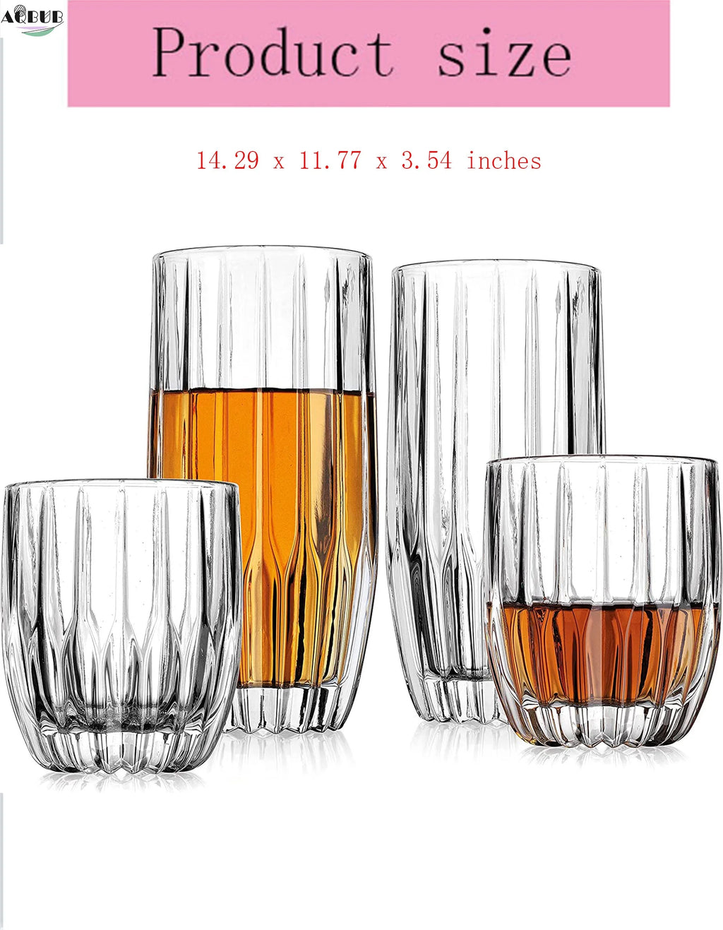 8 Crystal Glasses Set, 4 Tumblers 12 oz and 4 Whisky Glasses 10 oz A913
