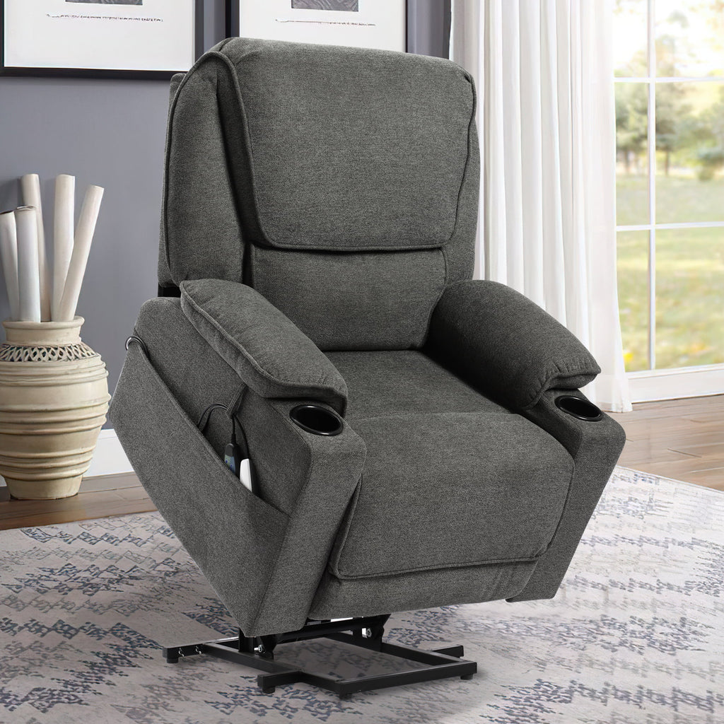 Dark Gray Linen Power Lift Recliner with Cup Holder P773