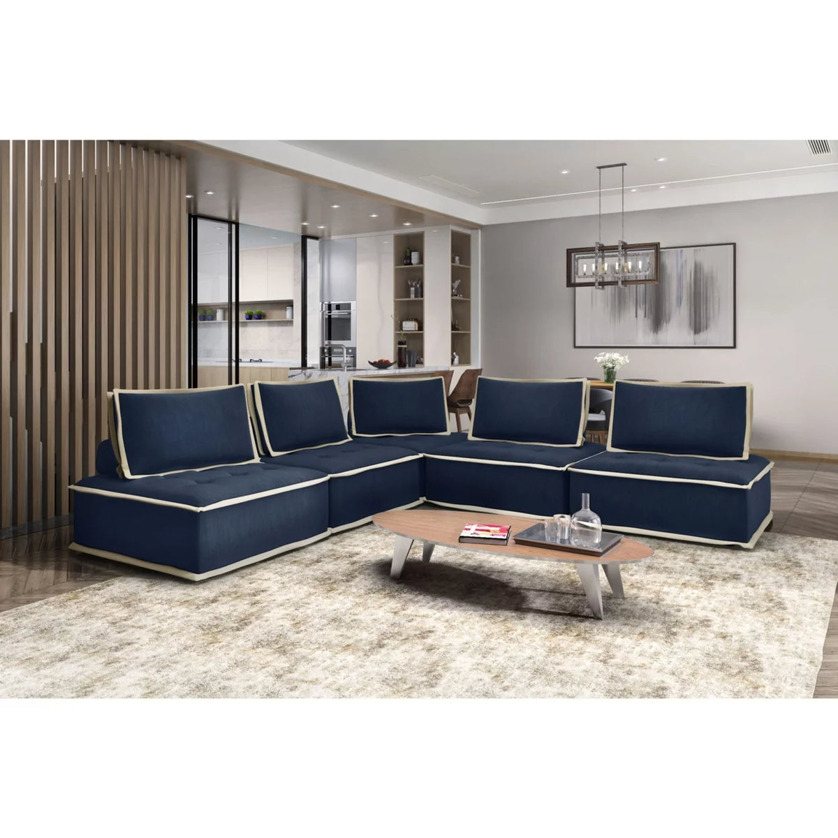 Navy Blue And Cream Fabric Armless Accent Chair A3931