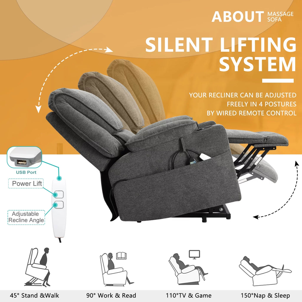 Dark Gray Linen Power Lift Recliner with Cup Holder P773