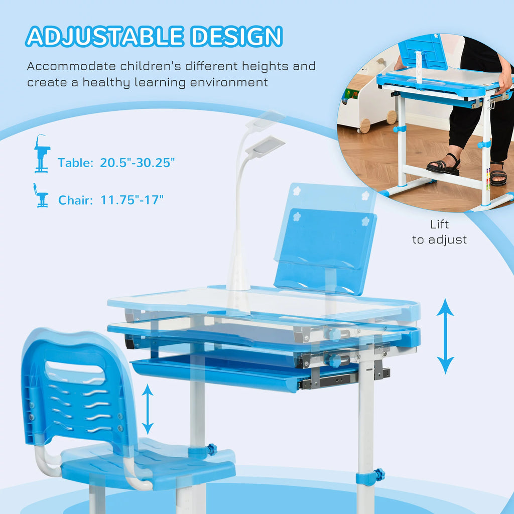 Kids Table and Chair Set with USB Lamp and Storage Drawer, Blue and White H64595