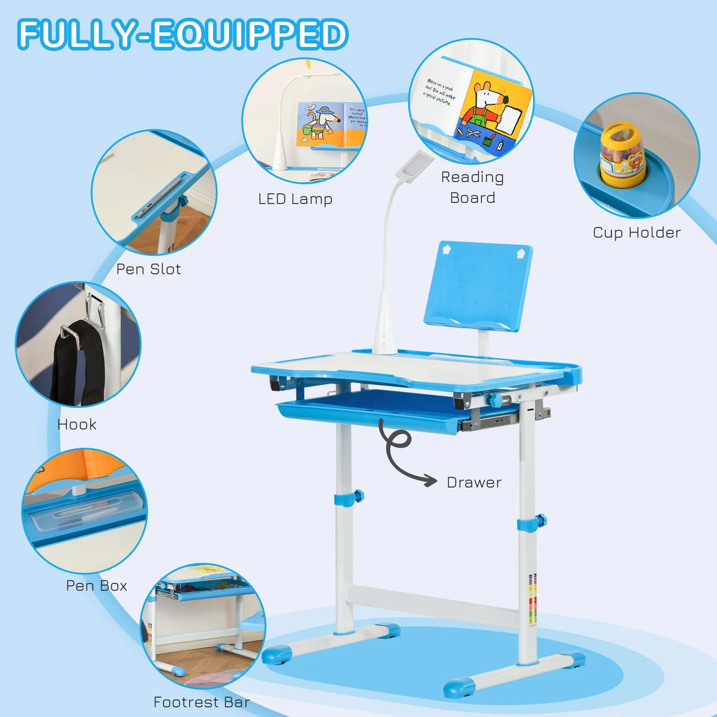 Kids Table and Chair Set with USB Lamp and Storage Drawer, Blue and White H64595
