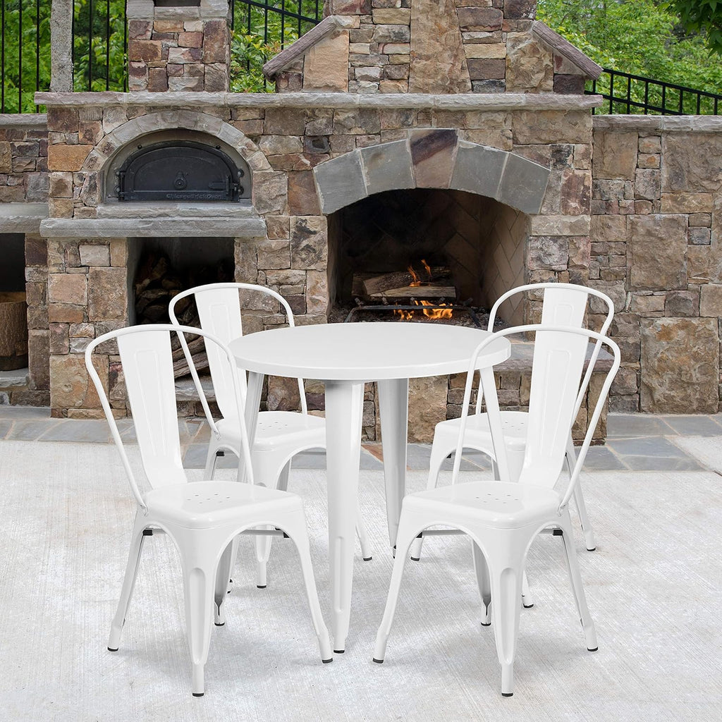 Commercial Grade 30 Round White Metal Indoor-Outdoor Table Set with 4 Cafe Chairs C3340
